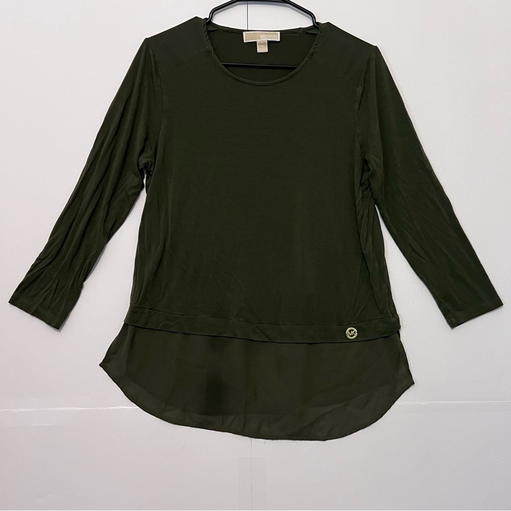 Michael Kors Top Olive Green Long Sleeve Stretch Layered Lightweight Medium
